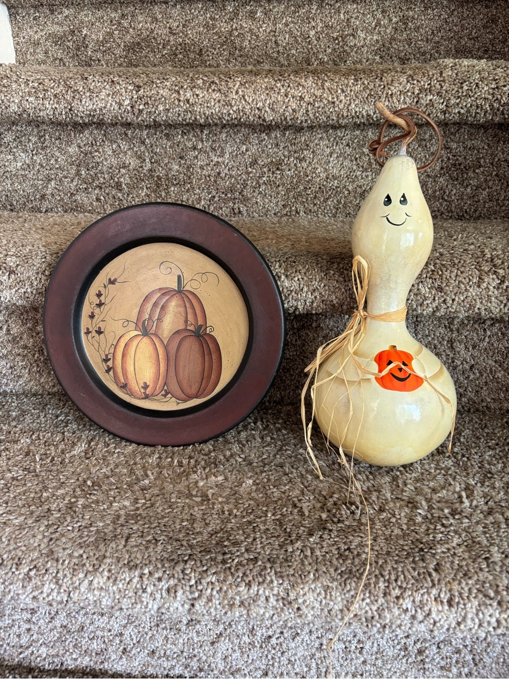 Hand-Painted Autumn Pumpkin Wall Plate and Decorative Gourd - Cream & Brown